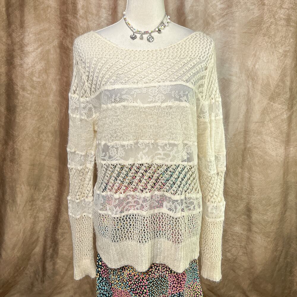 Crochet Knit Lace Sweater Patchwork Floral Mesh Cream Long Sleeve Coquette Boho